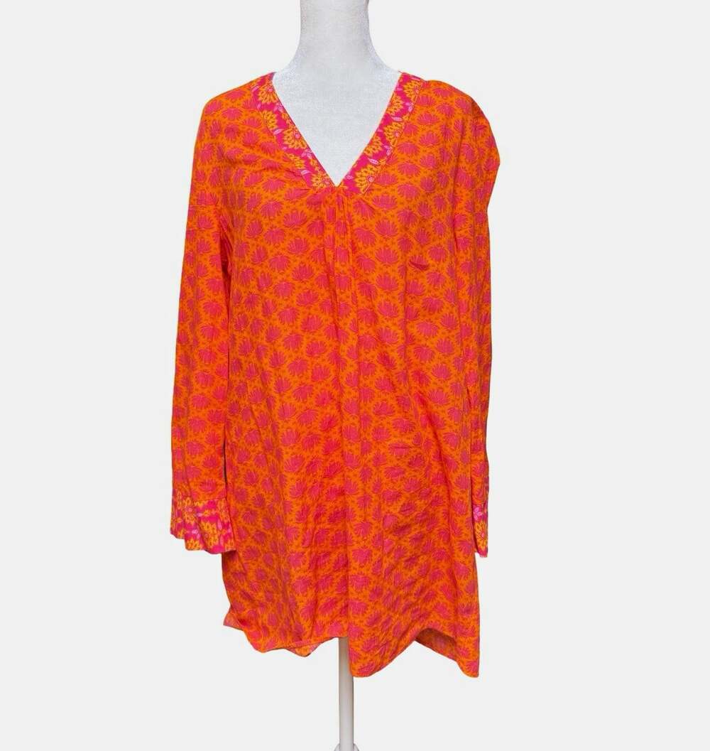 Zara Orange Pink Floral Tunic Blouse M Boho Cotton Woven V-Neck 3/4 Sleeve